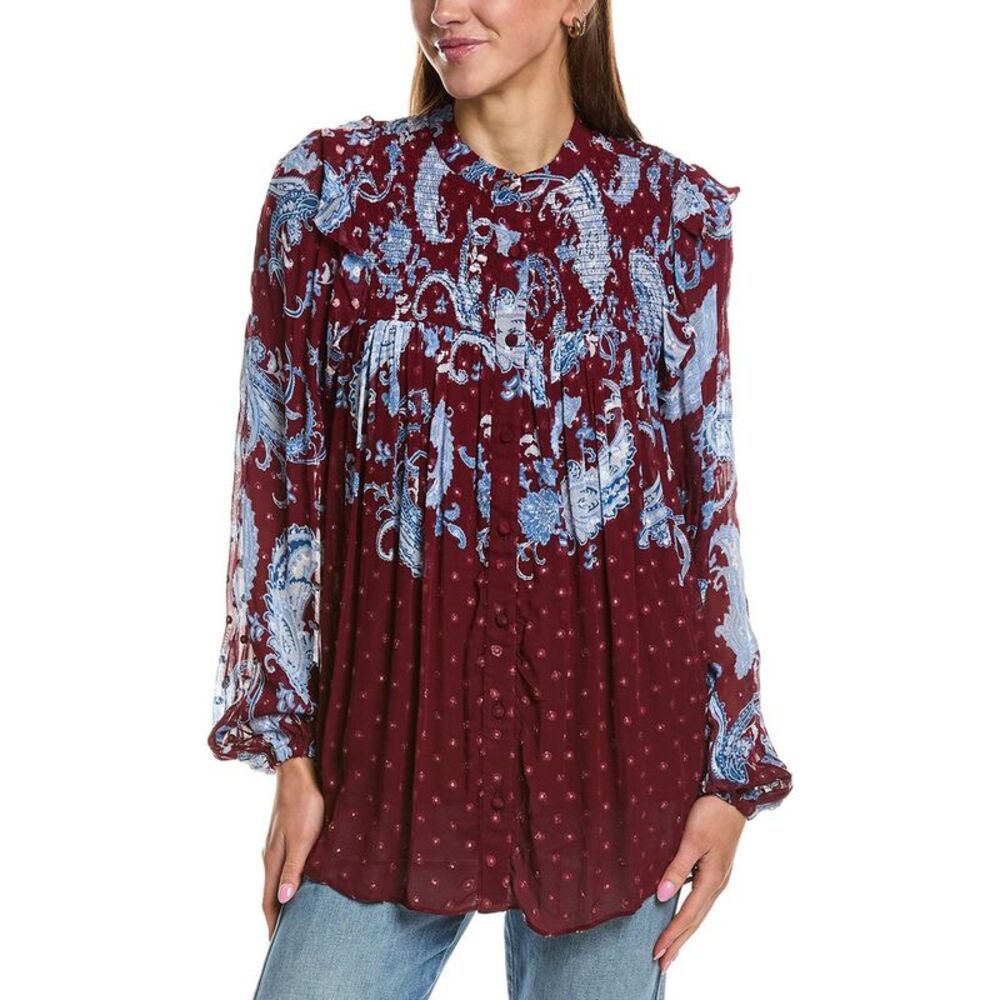 Hemant & Nandita Womens  Smocked Yoke Top, Red